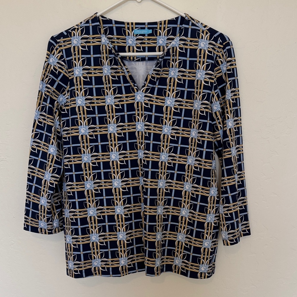 J. McLaughlin Navy and Gold Patterned Blouse